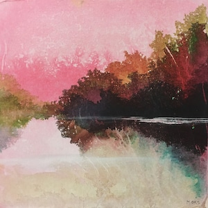 Paysage d'eau abstrait en rose et vert, peinture originale encres et collage sur carton entoilé. Art contemporain.
