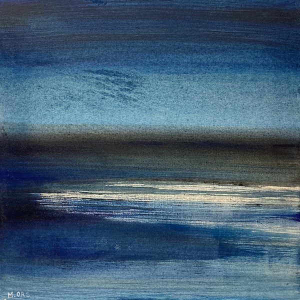 Peinture originale, paysage de mer abstrait en bleu et noir, encres et acrylique sur toile.