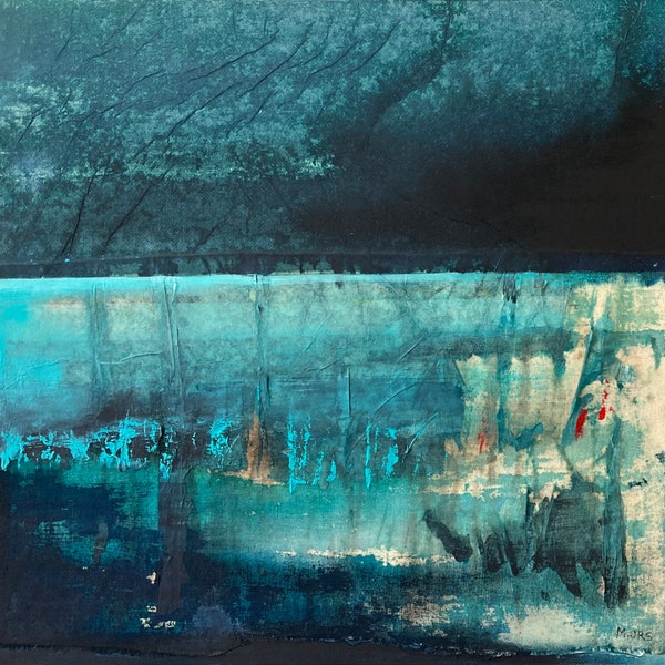 Paysage nocturne de mer, peinture originale, acrylique, encres et collage sur carton entoilé. Art abstrait, art contemporain.