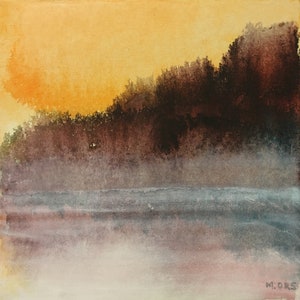 Paysage d'automne. Encres, pigments et collage sur carton entoilé. Peinture originale, paysage d'eau abstrait.