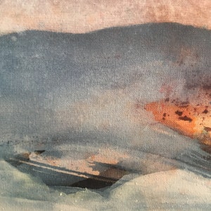 May include: Abstract painting with a textured canvas. The painting features a blend of light blue, gray, and orange hues, creating a layered and atmospheric effect.