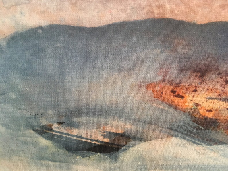 May include: Abstract painting with a textured canvas. The painting features a blend of light blue, gray, and orange hues, creating a layered and atmospheric effect.