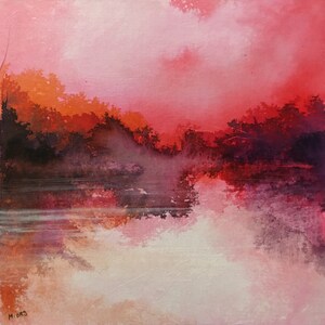 Tableau original petit format en rouge, peinture paysage d'eau, encre et collage sur carton entoilé. Art abstrait.
