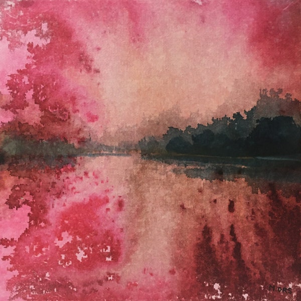 Peinture originale sur carton entoilé paysage d'eau abstrait