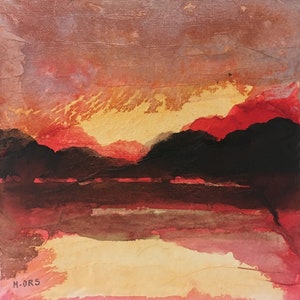 Peinture originale sur carton entoilé, paysage d'été abstrait. Encres et papier collé. Art contemporain.