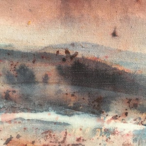 May include: Abstract watercolor painting of a landscape with a hazy sky and a dark, brushstroke-filled foreground. The colors are muted and earthy, with shades of brown, gray, and blue.