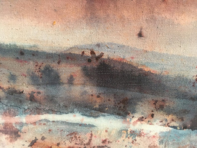 May include: Abstract watercolor painting of a landscape with a hazy sky and a dark, brushstroke-filled foreground. The colors are muted and earthy, with shades of brown, gray, and blue.