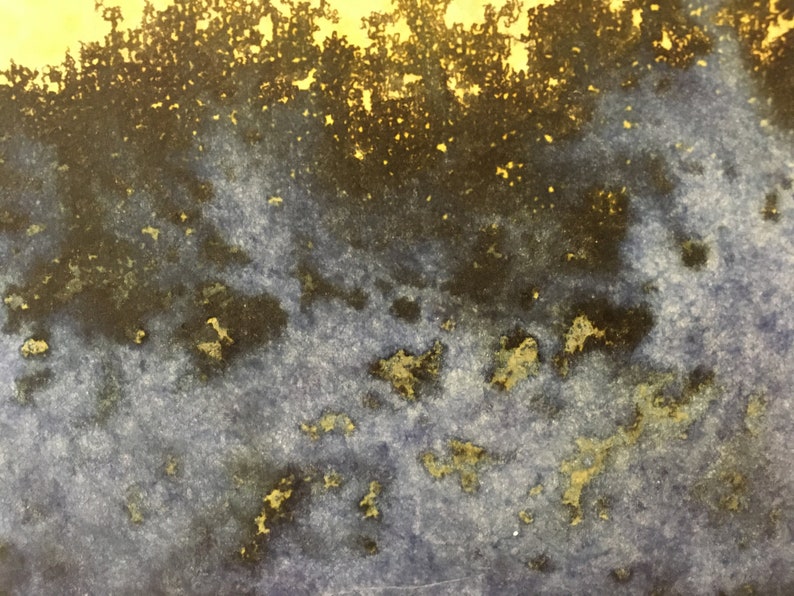 May include: Abstract watercolor painting with a dark blue and black background and gold accents.