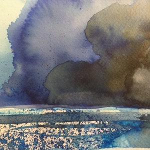 May include: Abstract watercolor painting with a dark blue and brown color scheme. The painting depicts a stormy sky over a body of water.