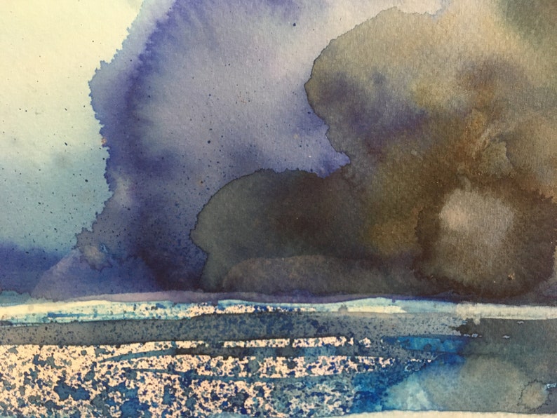 May include: Abstract watercolor painting with a dark blue and brown color scheme. The painting depicts a stormy sky over a body of water.
