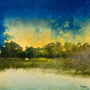 Paysage de montagnes au crépuscule, peinture originale, paysage d'hiver, encres et collage sur carton entoilé. Art contemporain.