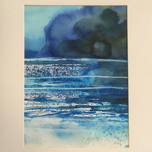 Peinture de mer papier, encres et pigments, peinture originale avec passe-partout carton.