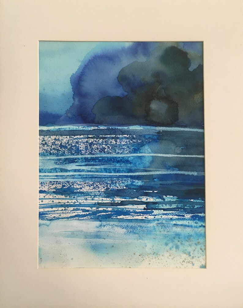 May include: Abstract watercolor painting of a blue sky with dark blue clouds over a blue and white striped ocean. The painting is signed "M. ORS" in the bottom right corner.
