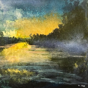Lumière sur l'étang. Peinture originale paysage d'eau, encres et collage sur carton entoilé.