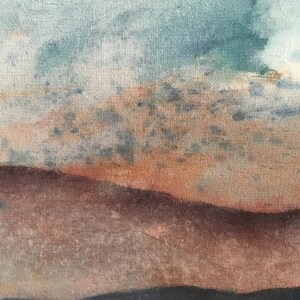 May include: Abstract painting with a textured canvas. The painting features a brown, orange, and blue color scheme. The colors are blended together to create a soft, dreamy effect.