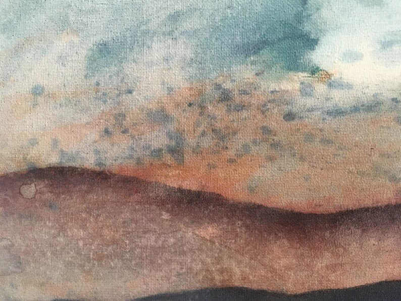 May include: Abstract painting with a textured canvas. The painting features a brown, orange, and blue color scheme. The colors are blended together to create a soft, dreamy effect.