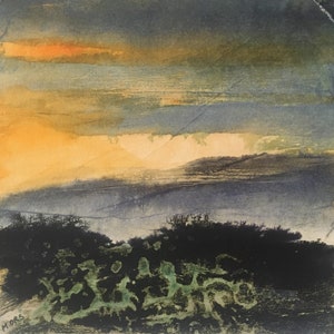 Peinture originale, paysage abstrait, encres et collage sur carton entoilé.