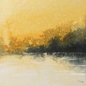 Peinture originale en jaune et noir, encres et collage sur carton entoilé. Paysage d'eau abstrait.