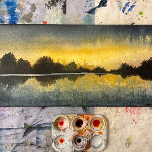 Waterscape in winter. Original painting ink, collage and pigments on canvas. Abstract landscape. Contemporary art. image 3