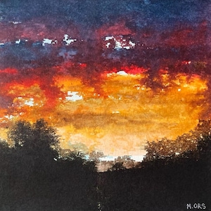 Peinture originale paysage abstrait encres et collage sur carton entoilé