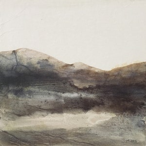 Paysage abstrait, peinture originale, encre, collage et pigments sur carton entoilé.