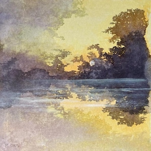 Paysage abstrait peinture originale encres et collage sur carton entoilé, paysage d'automne