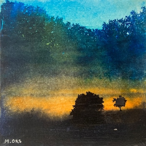 Paysage d'automne, peinture originale abstraite, encres et collage sur carton entoilé