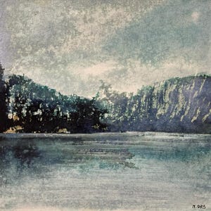 Peinture originale, paysage d'hiver abstrait en bleu et gris. Encres et collage sur carton entoilé.