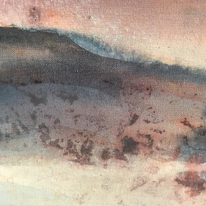 May include: Abstract painting with a textured canvas. The painting features a landscape with a mountain range in the background and a field in the foreground. The colors are muted and earthy, with shades of brown, gray, and blue.