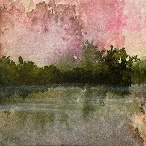 Peinture originale, Paysage de lac au printemps, encres et collage sur carton entoilé
