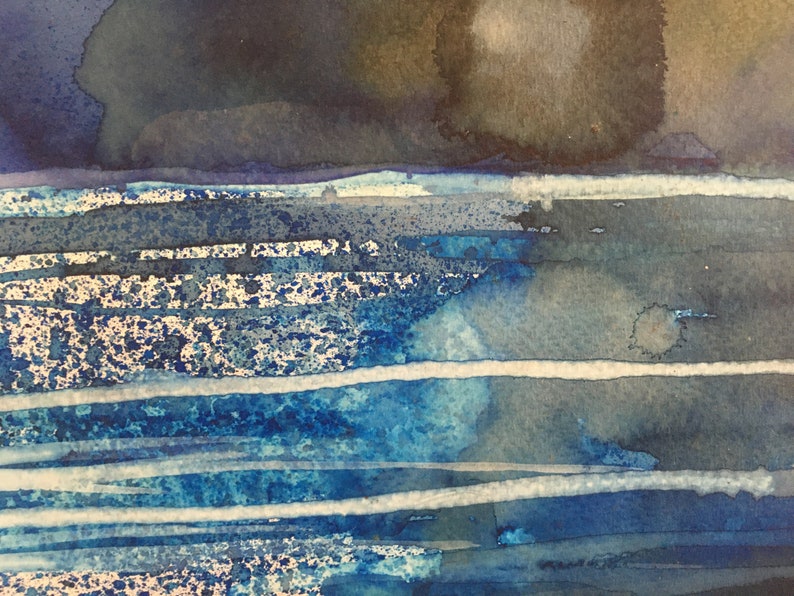 May include: Abstract watercolor painting with a dark blue and gray background and white lines. The painting has a textured look with splatters of paint.