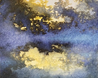 Original painting, abstract waterscape in autumn on canvas board. Contemporary art.