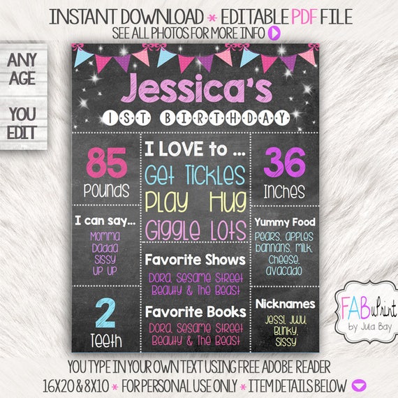editable birthday stats chalkboard sign photo prop party etsy