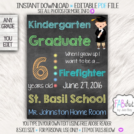 kindergarten graduation chalkboard signs editable etsy