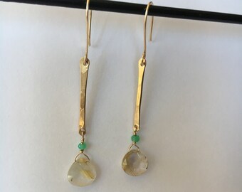 gold earrings on hand-hammered gold-filled ear wires with hand-hammered gold bars and rutilated quartz drop with chrysoprase accent