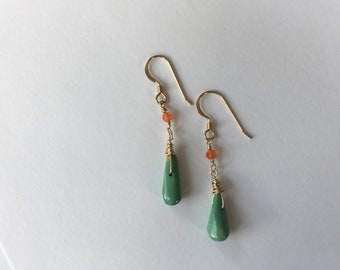 gold earrings with turquoise drops and carnelian accents on gold-filled ear wires