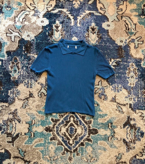 60s blue ribbed collared t-shirt