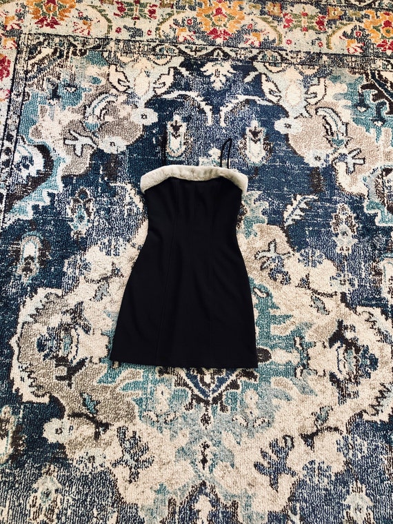90s (faux)fur-trimmed tight black mini-dress