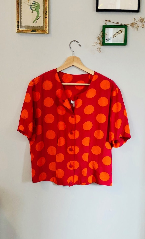 1980s pink & orange polka dot button-up blouse