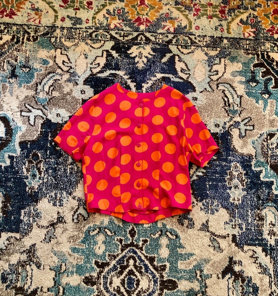 1980s pink & orange polka dot button-up blouse