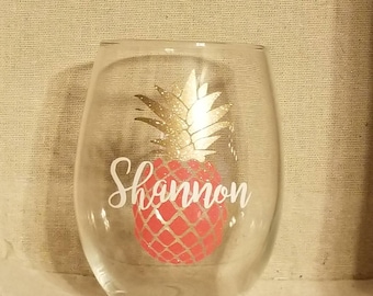 Personalized Pineapple Stemless Wine Glass