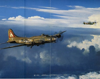 B-17 Flying Fortress WWII Art Print – Alone No More by William S. Phillips – Vintage Aviation Bookplate – WWII Wall Decor  RAF Spitfires P60