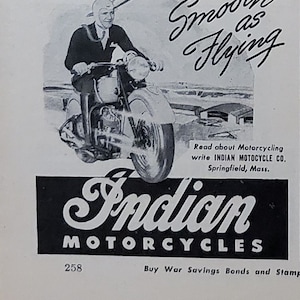 Vintage 1944 INDIAN MOTORCYCLE Print Ad in Popular Science 1B81