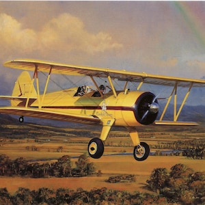 Puede incluir: Un biplano amarillo con una franja roja y las palabras "Combat Queen" en el lateral. El avión vuela sobre un campo con árboles en el fondo. Un arcoíris es visible en el cielo.