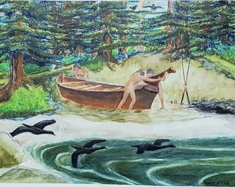 May include: A watercolor painting depicting a scene of three people in a wooden boat on a lake. The boat is being pushed into the water by two people, while a third person sits in the boat. The lake is surrounded by trees and there are birds flying overhead. The painting is signed "James A. Cole" in the bottom right corner.