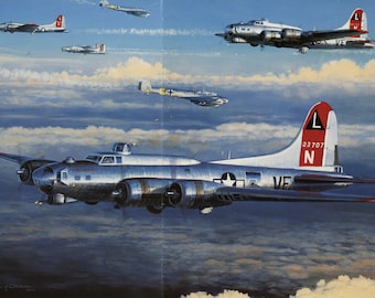 B-17 Flying Fortress WWII Art Print – William S. Phillips  Fighting Their Way Out  Vintage Bookplate – Aviation Wall Decor  2 Page Print P51