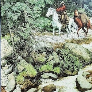 May include: An illustration shows a cowboy on a white horse guiding a pack horse through a stream. The cowboy is wearing a red shirt and a hat. The scene is set in a forest with green trees and rocks.