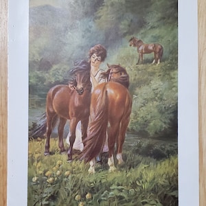 May include: An illustration titled "Horses of the World" featuring a woman with two brown ponies in a grassy field. A third pony stands on a hill in the background. The text "Welsh Pony" is at the bottom.