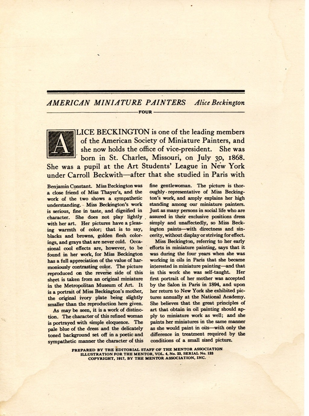 1917 Antiguo Mrs. Beckington Retrato Alice Beckington Arte Fotograbado