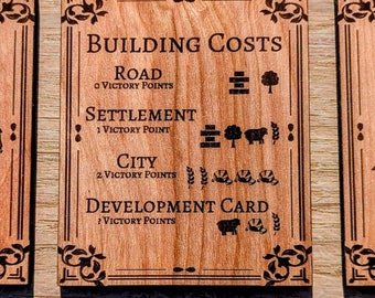 Settlers of Catan Victory Cards | Longest Road, Largest Army, Building Cost | Laser-Cut-Engraved Birch, Natural-Finish